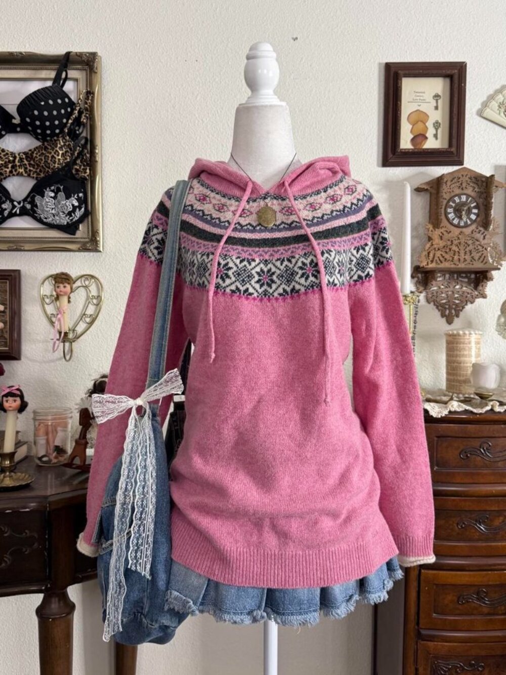 Whimsical cozy pink wool blend hooded sweater